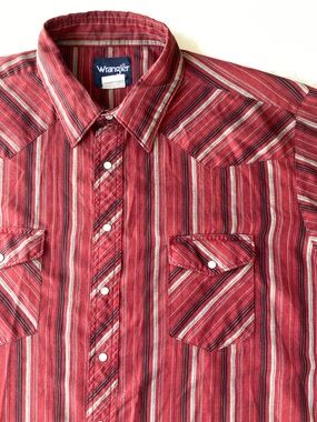 Wrangler Men's Short Sleeve Striped Western Pearl Snap Shirt XXL Red Y2K Vintage